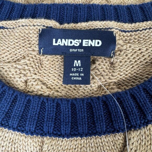 Lands End Women Drifter Sweater Medium Blue Tan Stripe Braided Cable Knit Preppy - Picture 4 of 13